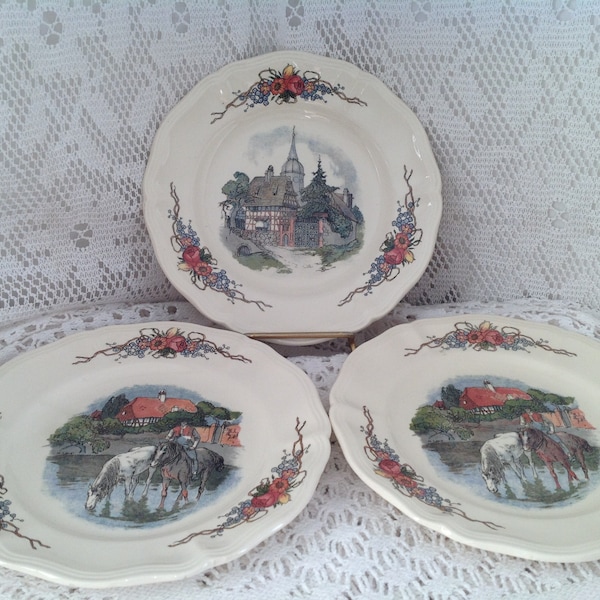 Trois Assiettes à Dessert Vintage Antique Français Obernai Sarreguemines France