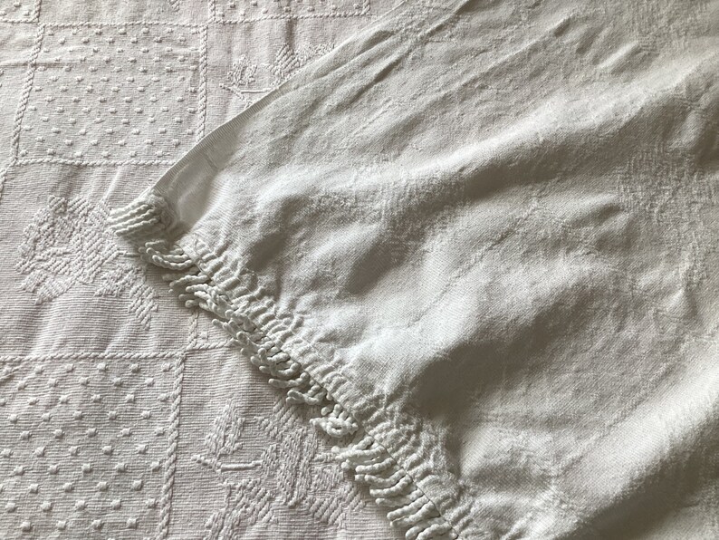 May include: Close-up of a white textile with a textured surface. The fabric features a detailed pattern of squares, floral designs, and dotted textures. The edge of the textile has a fringe detail. The overall aesthetic is vintage and elegant.