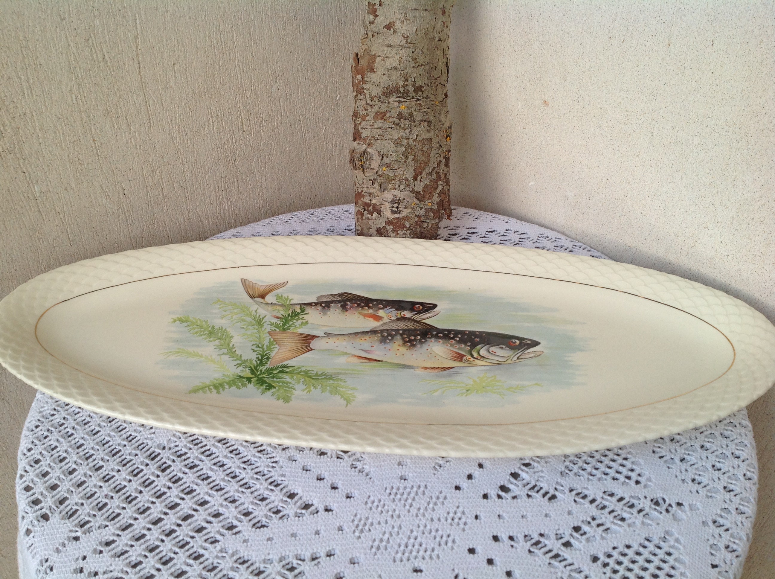 Gien Grand Plateau de Service à Poissons Vintage Antique Français Faïence Gien Loire