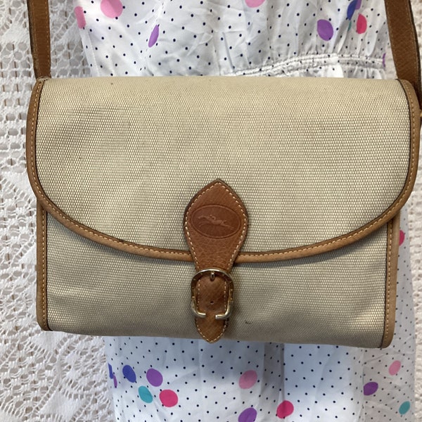 Longchamp Damen-Vintage-Handtasche aus Segeltuch und Leder