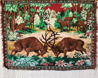 Arazzo antico francese da appendere al muro, Sovali, Francia, scena di cervi in amore, pannello in velluto