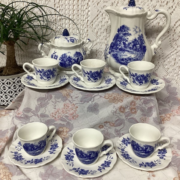 Sarreguemines Romantic Service à Café 6 Tasses et Sous-Tasses 1 Pot à Sucre 1 Cafetière Théière Vintage Antique Français Service à Thé