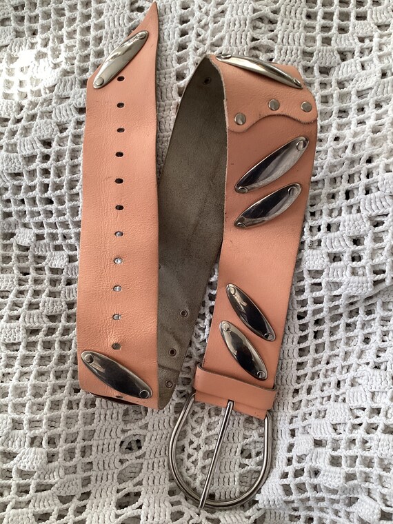 Wide Vintage Leather Belt Metallic Bands Belt One… - image 7