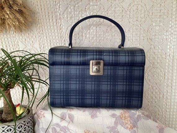 Vanity Case Vintage Faux Leather Tartan Blue Toiletry Bag Makeup Bag