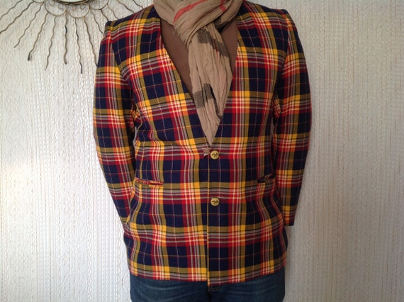Men's Vintage Checked Jacket Size 48 Collarless T… - image 1
