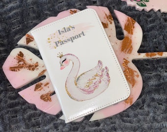 Personalised swan passport set, swan passport cover, Swan suitcase tag, pretty swan passport set