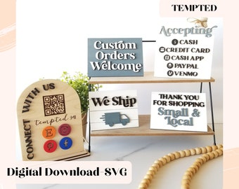 Cartello per esposizione venditori in formato SVG, Cartello per mercato venditori in formato SVG, Cartelli per social media, File di taglio "Contattaci", Vassoio a più livelli in formato SVG, File Glowforge, File di taglio laser