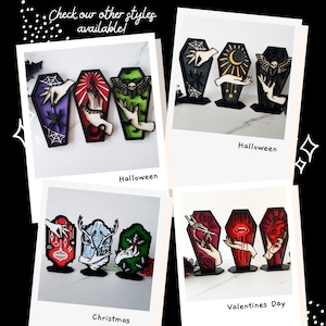 May include: Four sets of three wooden coffin-shaped ornaments, each set representing a different holiday: Halloween, Christmas, Valentine's Day, and another Halloween set. The ornaments are painted in various colors and feature different designs, including bats, skulls, hearts, and Christmas trees.