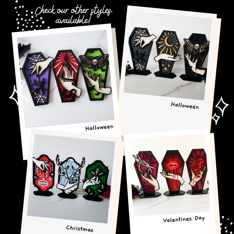 May include: Four sets of three wooden coffin-shaped ornaments, each set representing a different holiday: Halloween, Christmas, Valentine's Day, and another Halloween set. The ornaments are painted in various colors and feature different designs, including bats, skulls, hearts, and Christmas trees.