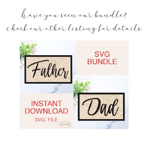 Pu&ograve; includere: Un download digitale di due file SVG per un progetto di artigianato per la Festa del Pap&agrave;. I file presentano le parole "Father" e "Dad" circondate da aggettivi positivi. Il testo "SVG Bundle" e "Download immediato" &egrave; incluso.