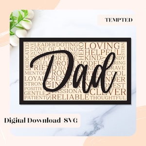 Pu&ograve; includere: Un design di word art in bianco e nero con la parola "Dad" in grandi lettere circondata da una nuvola di parole di aggettivi positivi. La nuvola di parole &egrave; in testo marrone e lo sfondo &egrave; beige. Il design &egrave; incorniciato in nero.
