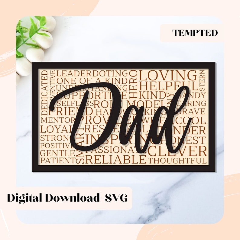 Pu&ograve; includere: Un design di word art in bianco e nero con la parola "Dad" in grandi lettere circondata da una nuvola di parole di aggettivi positivi. La nuvola di parole &egrave; in testo marrone e lo sfondo &egrave; beige. Il design &egrave; incorniciato in nero.