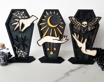Coffin, Coffin Decor, Halloween Coffin, Halloween Decor, Shelf Decor, Mantel Decor, Moth Decor, Spider Decor, Moon Decor,Witch Hand Decor