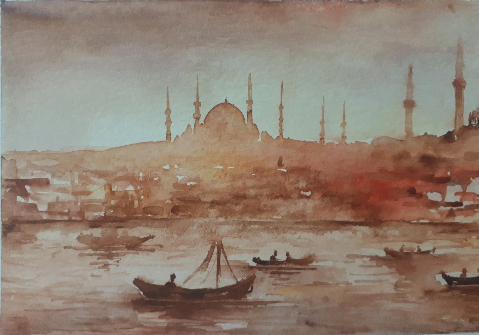 Istanbul Cityscape original handmade colorful watercolor Etsy