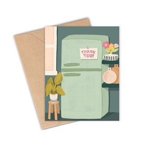 May include: A green refrigerator with a note that says "Thank You!" on it. There is a potted plant, a shelf with flowers and dishes, and a window in the background.