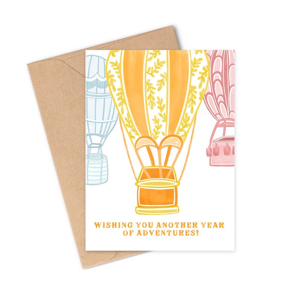 Adventure Birthday Card, Adventure seeker, travel lover, colorful birthday greeting, bday gift, hot air balloon gift, card for explorer