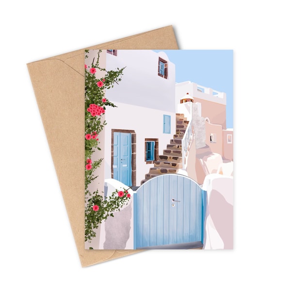 Greece destination greeting card, unique greeting card, hand drawn card, trendy greeting card, Santorini, Greek island house greeting card