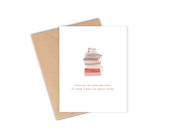 Book Lover Birthday Card, Hand drawn, eco friendly, birthday greeting, bday card for friend who loves to read