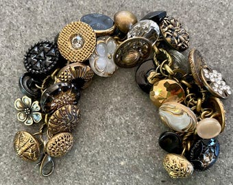 Gorgeous Antique Victorian & Vintage Czech Glass Button Bracelet Gold and Black and Glass Crystal Shank Buttons