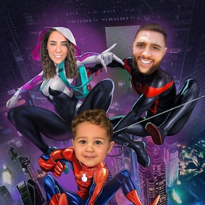 Super Family Theme (3 Charaktere) - Holen Sie sich Ihr eigenes Superhelden Portrait von Ihrem Foto / Digital Portrait / Geschenk für Kinder fertig zum Druck