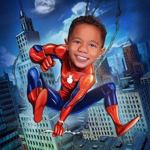 Pu&ograve; includere: Un bambino piccolo vestito da Spiderman si dondola nell'aria davanti a uno skyline urbano. Indossa un costume di Spiderman rosso e blu con un logo di ragno sul petto. Lo sfondo &egrave; un cielo blu con una luna crescente.