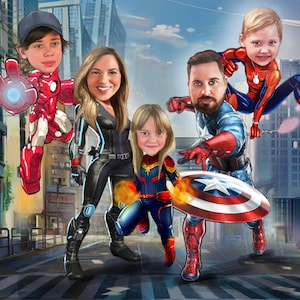 Superhero Family (4 to 5 Characters) - Get Your Own Superhero Portrait from your photo/Family Digital Portrait/Gifts for kids ready to print