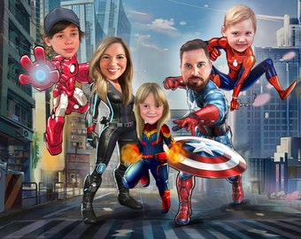 Custom Superhero Family Portrait – Personalized Digital Art (4-5 Characters) Ready to print
