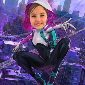 Pu&ograve; includere: Una ragazza vestita come Spider-Gwen, un personaggio di supereroi, si dondola su uno skyline cittadino. Indossa una tuta bianca e nera con accenti rosa e blu. Lo sfondo &egrave; un paesaggio urbano viola e blu.