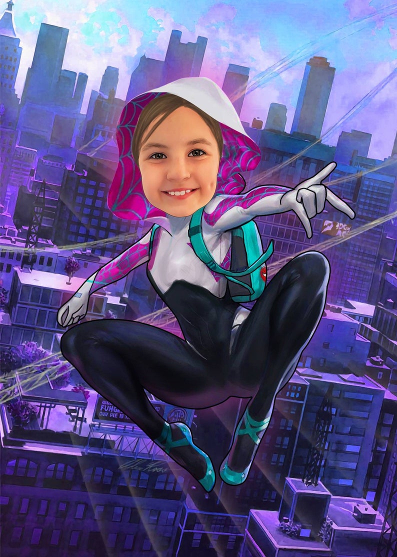 Pu&ograve; includere: Una ragazza vestita come Spider-Gwen, un personaggio di supereroi, si dondola su uno skyline cittadino. Indossa una tuta bianca e nera con accenti rosa e blu. Lo sfondo &egrave; un paesaggio urbano viola e blu.