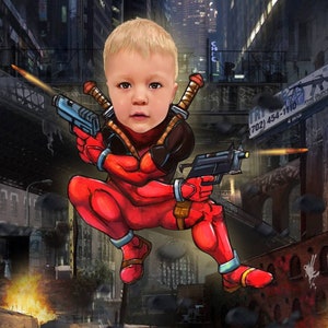 Pu&ograve; includere: Un bambino piccolo vestito da Deadpool, un supereroe immaginario, con un costume rosso e nero, che tiene due pistole e salta in aria. Lo sfondo &egrave; una strada di citt&agrave; con edifici e graffiti.