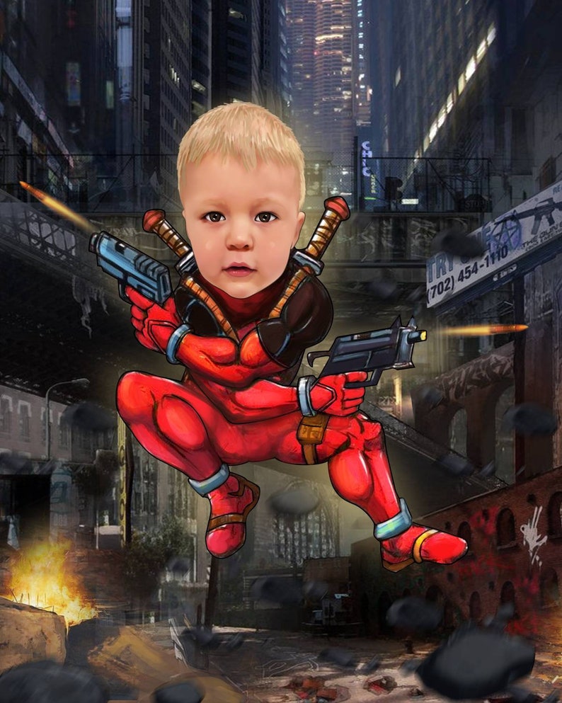 Pu&ograve; includere: Un bambino piccolo vestito da Deadpool, un supereroe immaginario, con un costume rosso e nero, che tiene due pistole e salta in aria. Lo sfondo &egrave; una strada di citt&agrave; con edifici e graffiti.