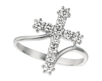 Very Small 0.10 Carat Natural Diamond Cross Ring G SI 14K White Gold
