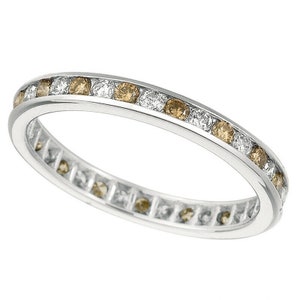1.00 Carat White & Brown Diamond Eternity Channel Ring Band 14K White Gold