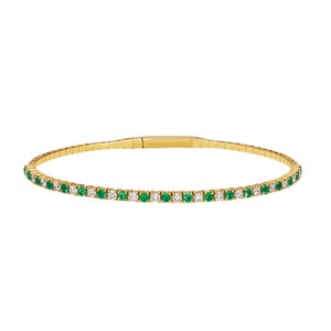 Natural Emerald & Diamond Flexible Bangle Bracelet 14k Yellow Gold