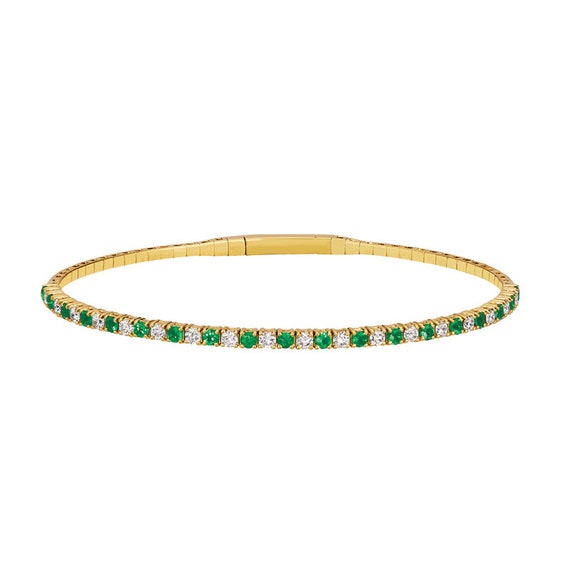 Natural Emerald Diamond Flexible Bangle Bracelet 14k Yellow Gold