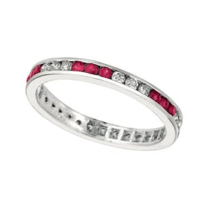 1.05 カラット 天然ルビー & ダイヤモンド エタニティ リング バンド 14K ホワイト ゴールド