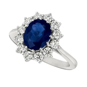Princess Diana Inspired 3.55 Carat Natural Oval Sapphire & Diamond Ring 14K White Gold