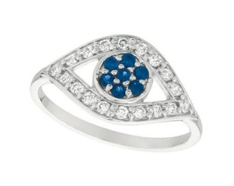 0.55 Carat Natural Sapphire & Diamond Eye Ring Band 14K White Gold