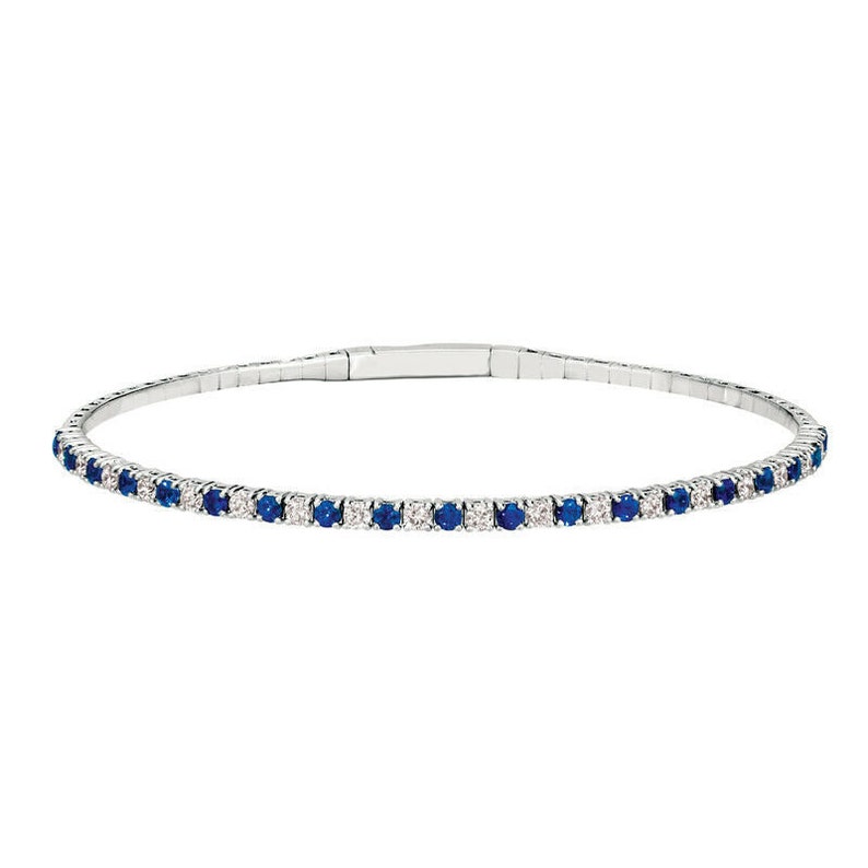 1.32 CT Natural Sapphire & Diamond Flexible Bangle Bracelet 14k White Gold image 1