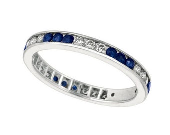 1.05 Carat Natural Sapphire & Diamond Eternity Ring Band 14K White Gold