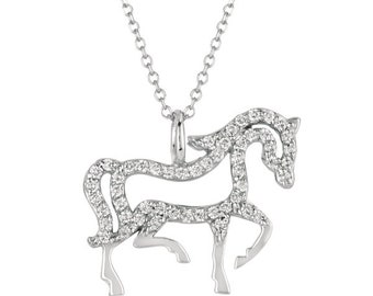 0.25 Carat Natural Diamond Horse Necklace Pendant 14K White Gold G SI 18&#39;&#39; chain