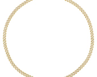 May include: A gold cuban link chain necklace featuring a continuous pattern of interlocking oval links. The entire surface of the chain, including the rectangular box clasp, is encrusted with small, clear, reflective stones set in gold.