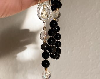 Obsidian & 18k gold plated rosary | Virgin Mary rosary