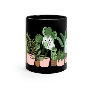 Halloween Ghost with Plants Ceramic Mug 11oz, Black Mug, Ghost behind Plants, Halloween Mug, 11oz Black Mug