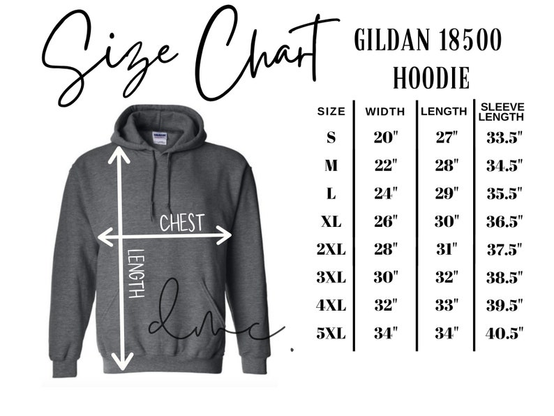 GILDAN Pullover Hoodie 18500 Adult Size Guide Chart Table | Etsy