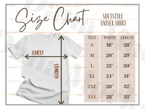 Printify Printful G6400 Size Chart Softstyle Mockup Shirt | Etsy