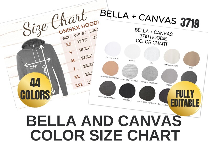 3719 Bella and Canvas Hoodie Color and Size Chart Editable | Etsy