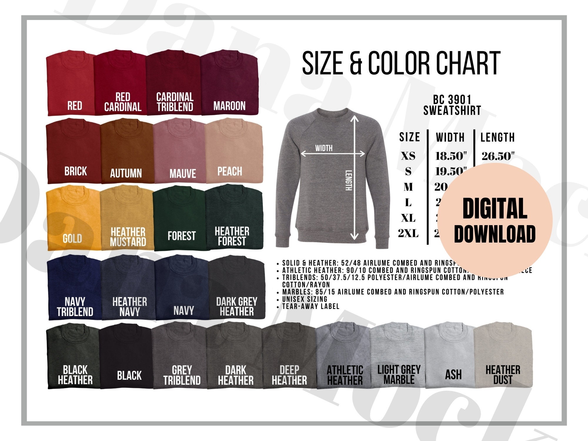 Bella Canvas 3901 Color Chart for Long Sleeve T Shirt Color - Etsy Israel