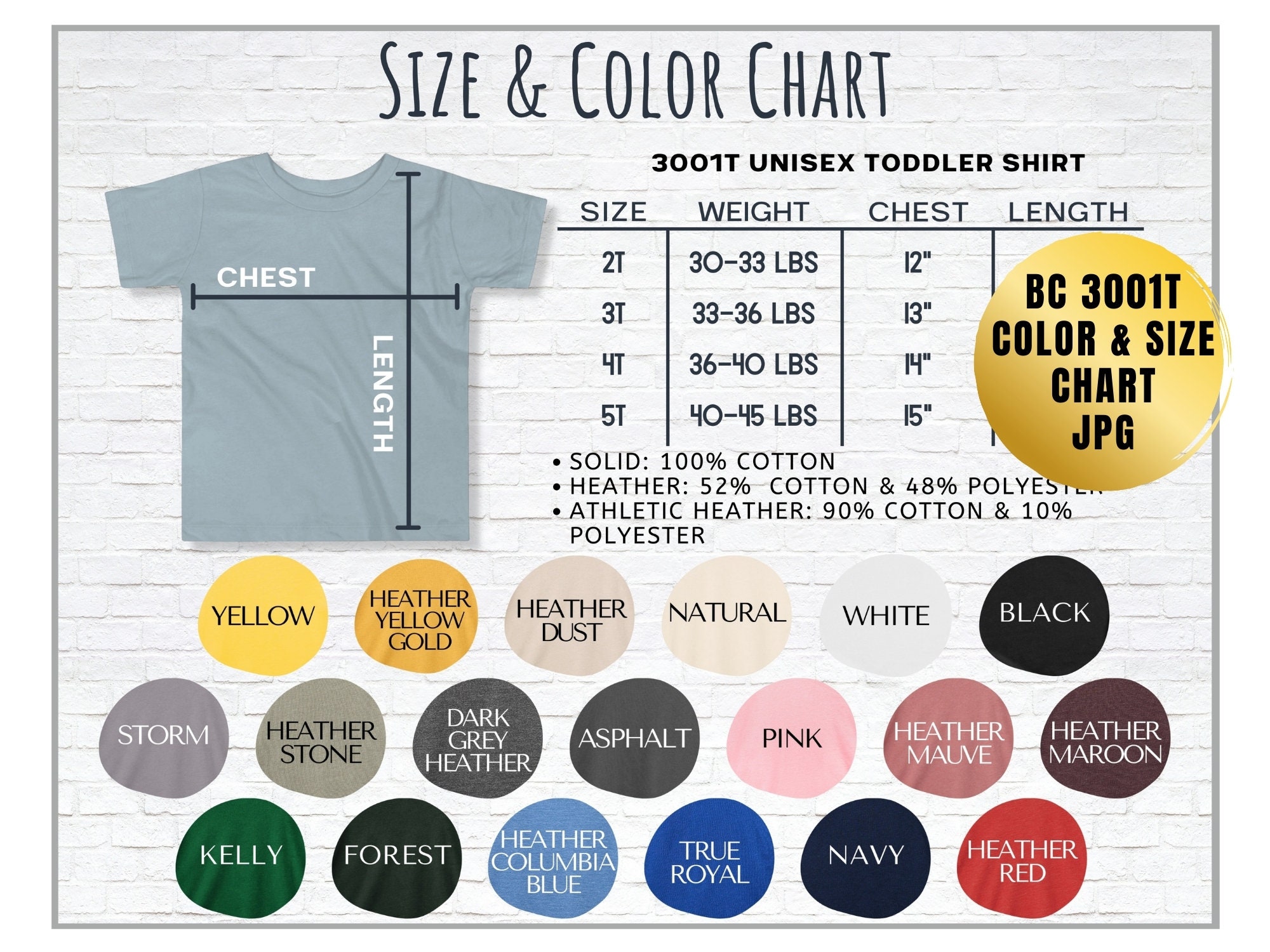 Bella and Canvas 3001T Color & Size Chart for Unisex Toddler | Etsy
