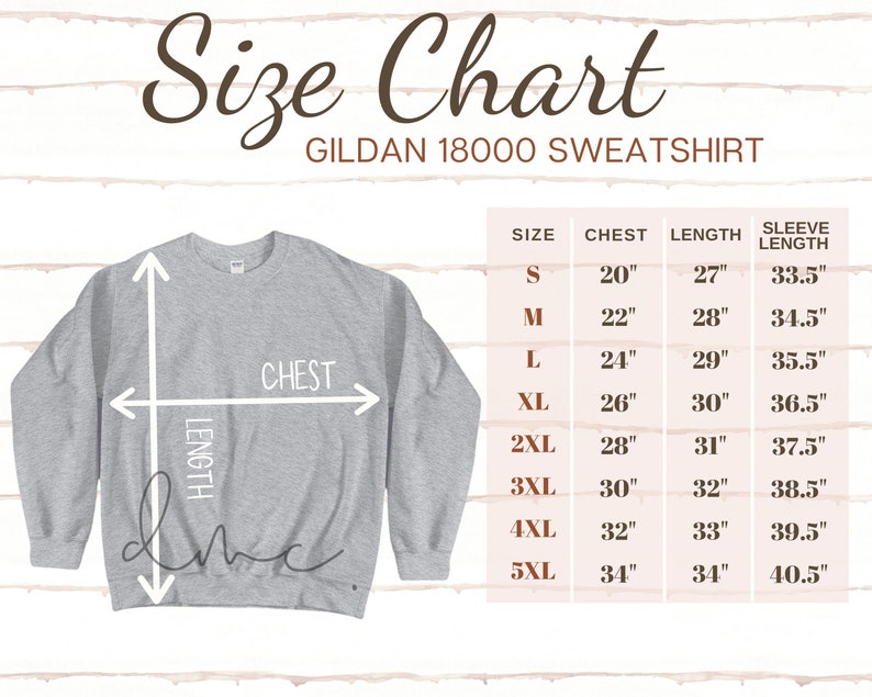 Printify Printful Size Chart for Gildan 18000 Sweatshirt Size | Etsy